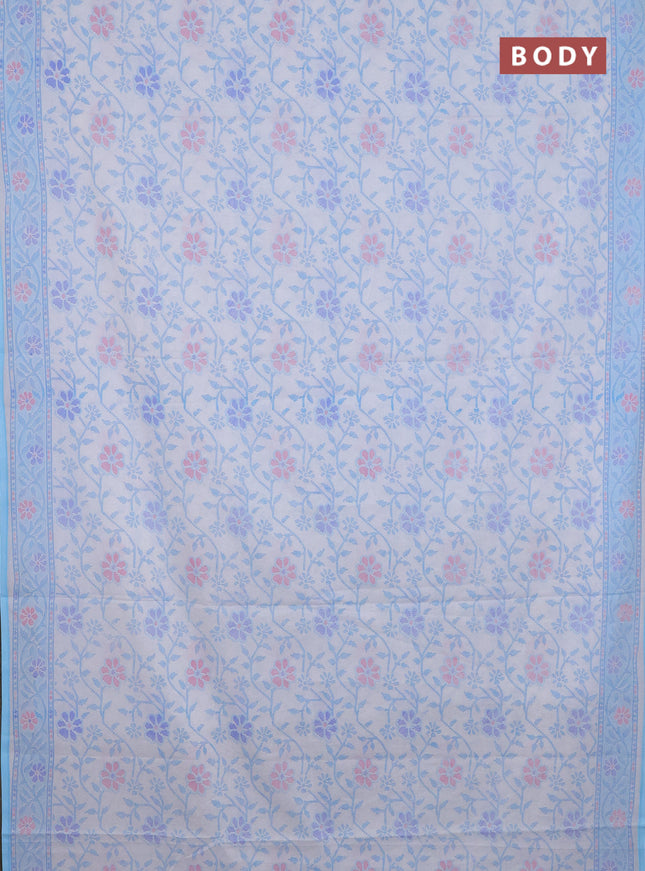 Mul cotton saree off white and light blue with allover prints and printed border