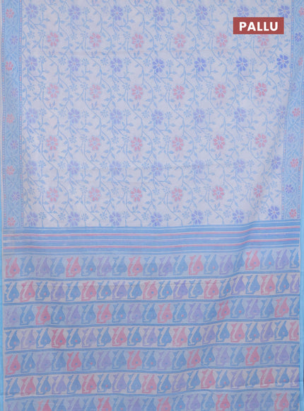 Mul cotton saree off white and light blue with allover prints and printed border