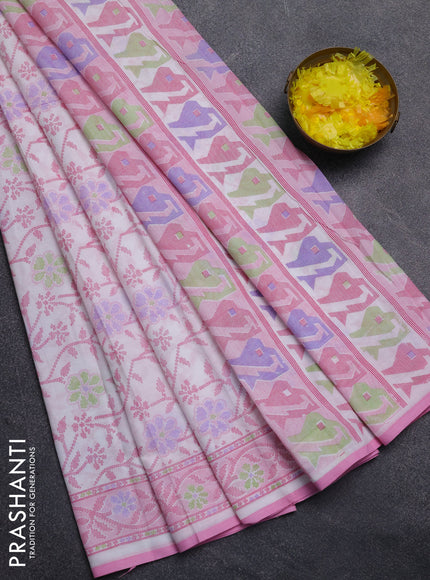Mul cotton saree off white and light pink with allover prints and printed border