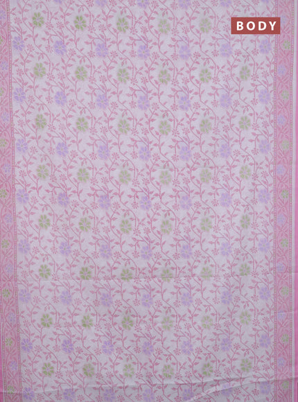 Mul cotton saree off white and light pink with allover prints and printed border