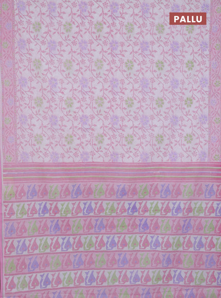 Mul cotton saree off white and light pink with allover prints and printed border