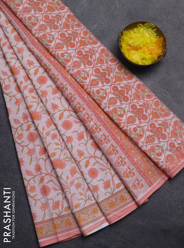 Mul cotton saree off white and peach shade with allover floral prints and printed border