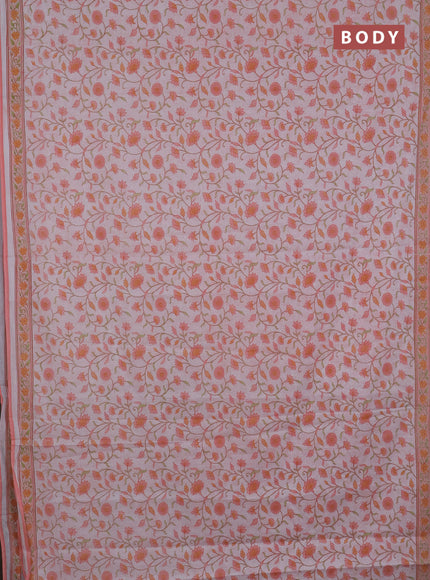 Mul cotton saree off white and peach shade with allover floral prints and printed border