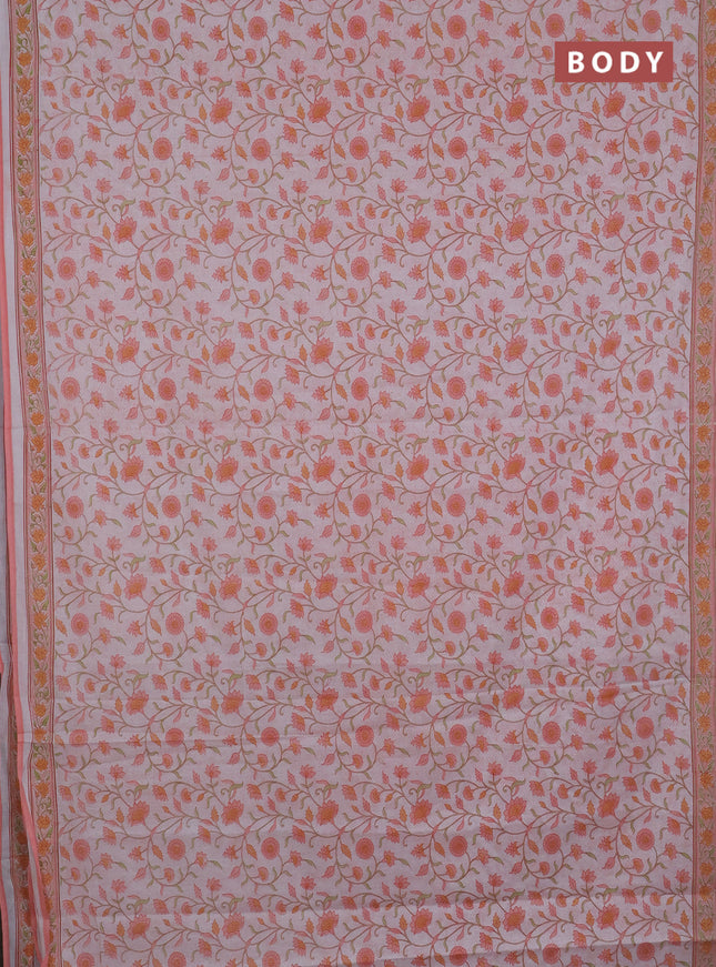 Mul cotton saree off white and peach shade with allover floral prints and printed border
