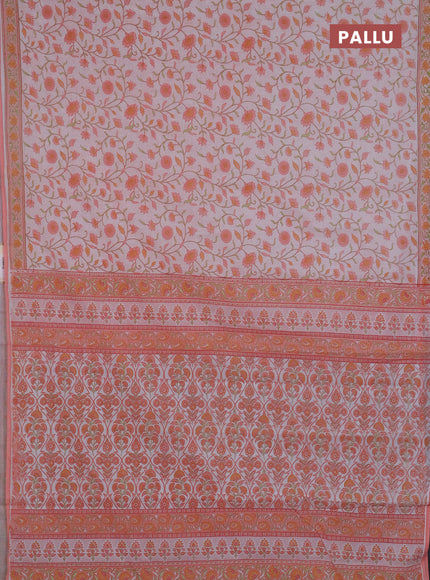 Mul cotton saree off white and peach shade with allover floral prints and printed border
