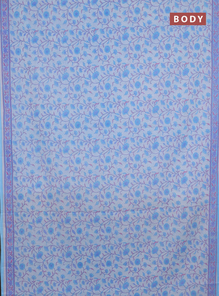 Mul cotton saree off white and light blue with allover floral prints and printed border