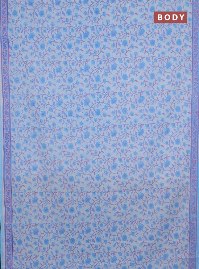 Mul cotton saree off white and light blue with allover floral prints and printed border