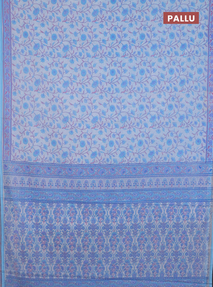 Mul cotton saree off white and light blue with allover floral prints and printed border