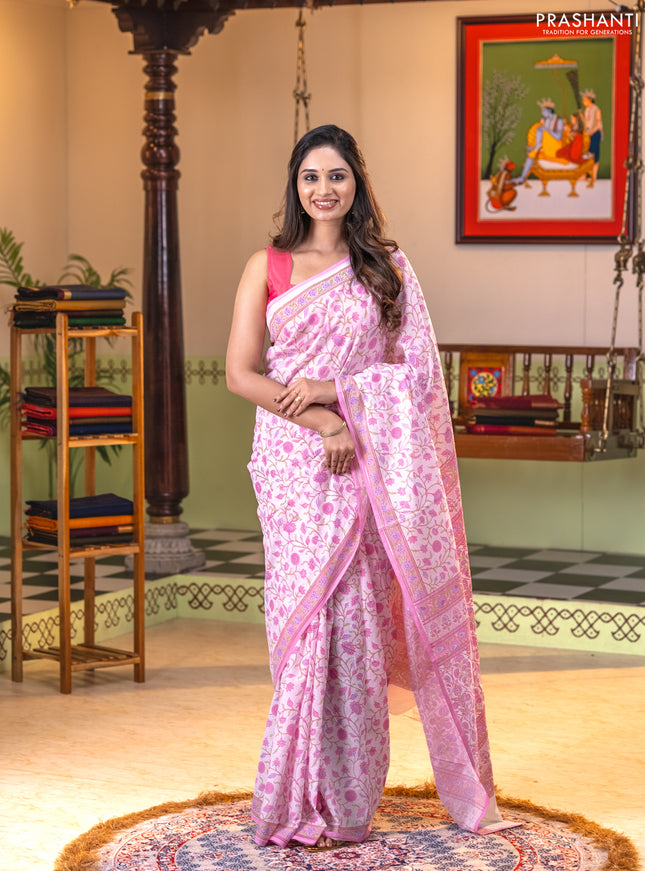 Mul cotton saree off white and light pink with allover floral prints and printed border