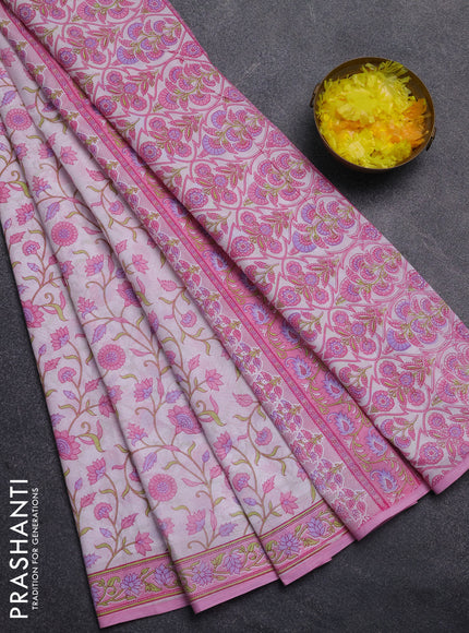 Mul cotton saree off white and light pink with allover floral prints and printed border