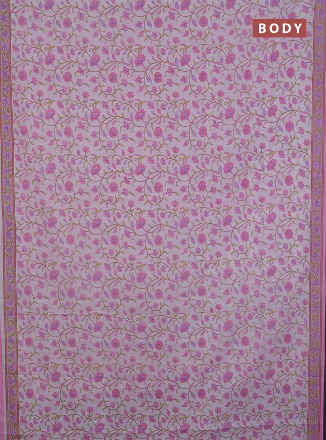Mul cotton saree off white and light pink with allover floral prints and printed border