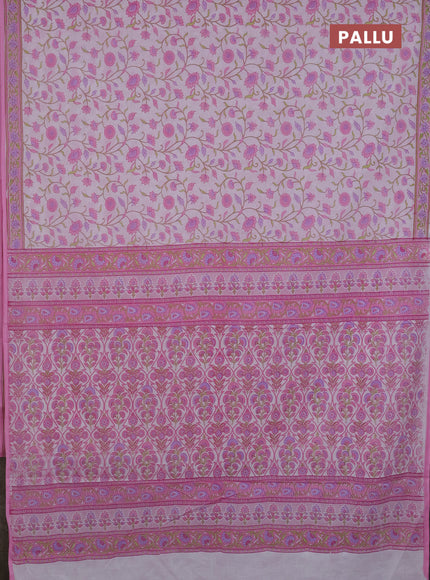 Mul cotton saree off white and light pink with allover floral prints and printed border