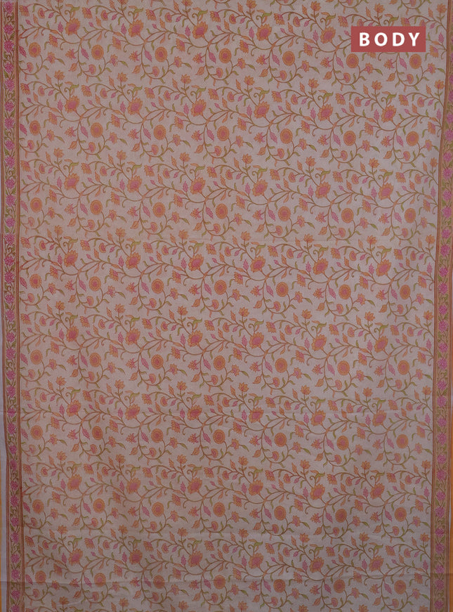 Mul cotton saree cream and orange with allover floral prints and printed border