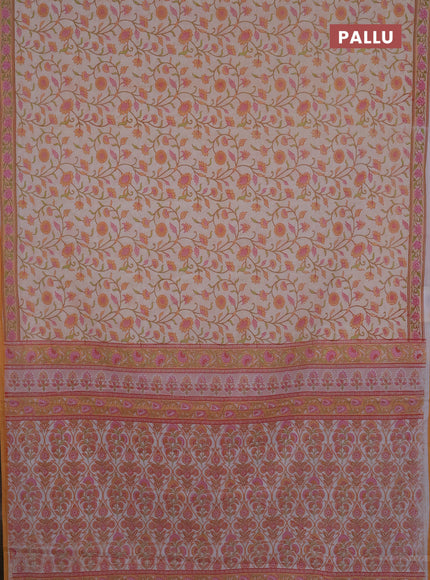 Mul cotton saree cream and orange with allover floral prints and printed border