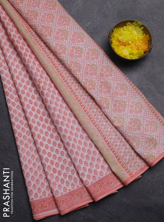 Mul cotton saree off white and peach shade with allover butta prints and printed border