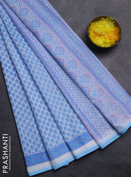 Mul cotton saree off white and light blue with allover butta prints and printed border