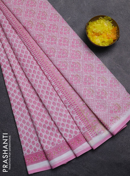 Mul cotton saree off white and light pink with allover butta prints and printed border