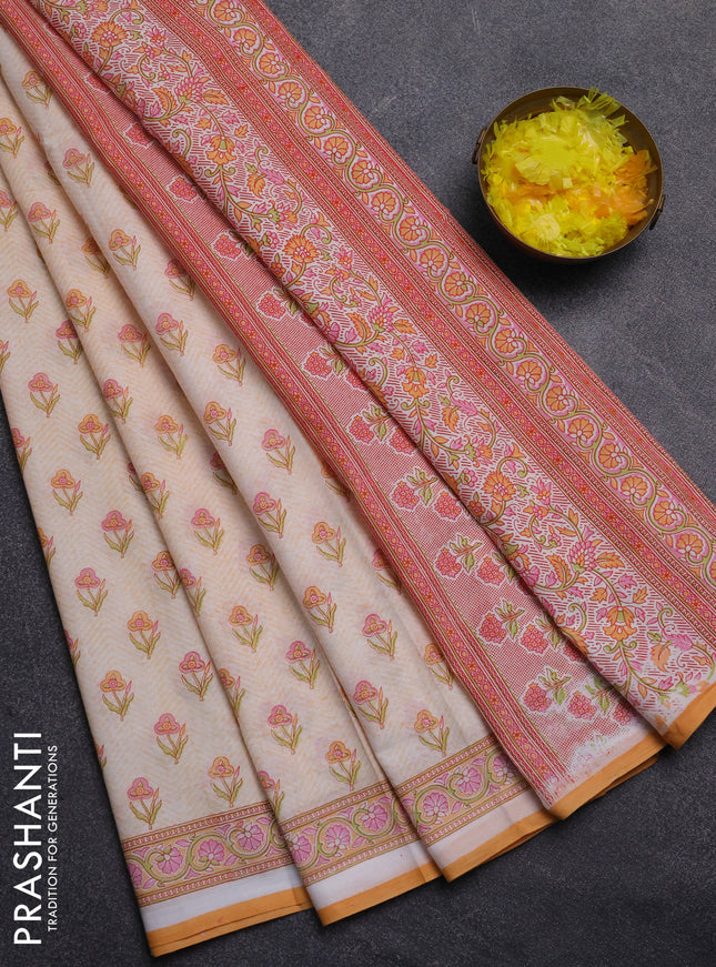 Mul cotton saree cream and orange with allover floral butta prints and printed border