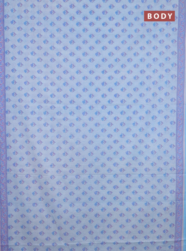 Mul cotton saree off white and light blue with allover floral butta prints and printed border