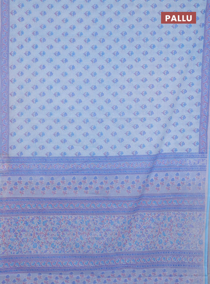 Mul cotton saree off white and light blue with allover floral butta prints and printed border