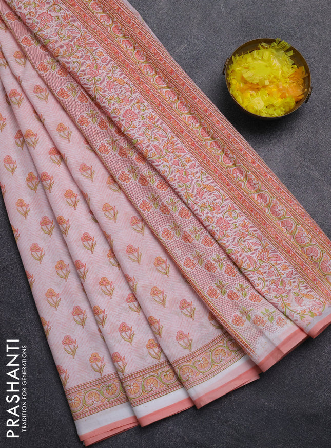 Mul cotton saree off white and peach shade with allover floral butta prints and printed border