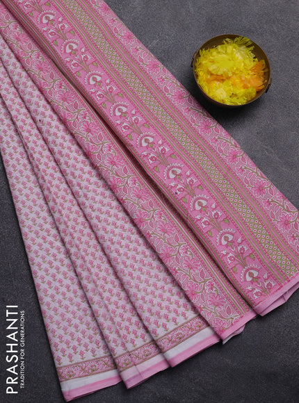 Mul cotton saree off white and light pink with allover butta prints and printed border