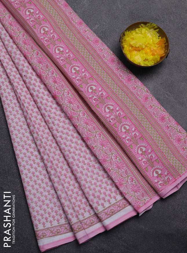 Mul cotton saree off white and light pink with allover butta prints and printed border