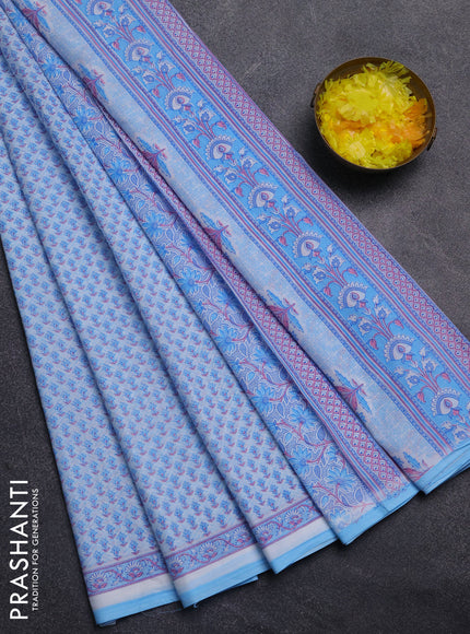 Mul cotton saree off white and light blue with allover butta prints and printed border
