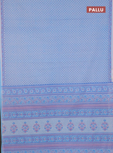 Mul cotton saree off white and light blue with allover butta prints and printed border