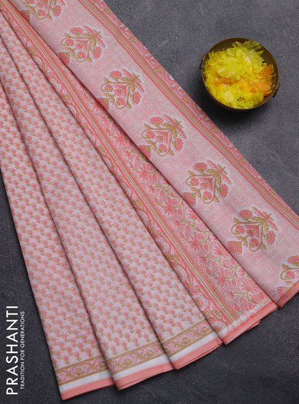 Mul cotton saree off white and peach shade with allover butta prints and printed border
