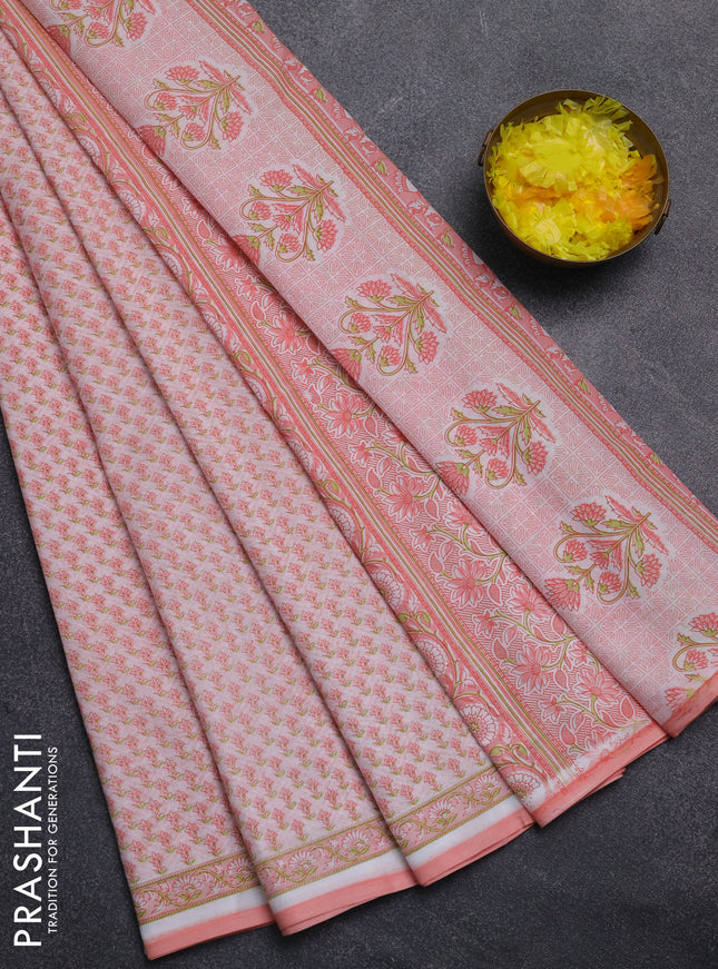 Mul cotton saree off white and peach shade with allover butta prints and printed border