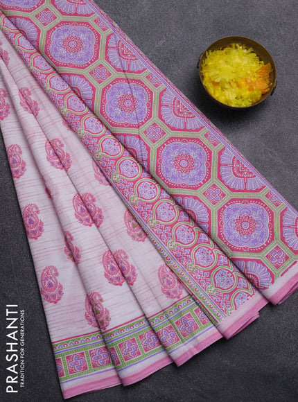 Mul cotton saree off white and light pink with allover paisley butta prints and printed border