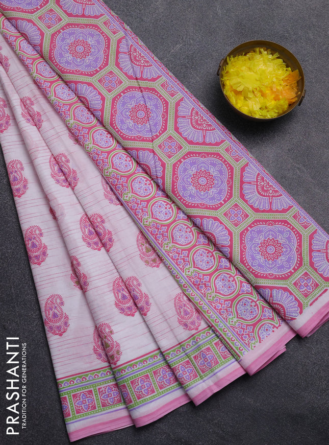Mul cotton saree off white and light pink with allover paisley butta prints and printed border