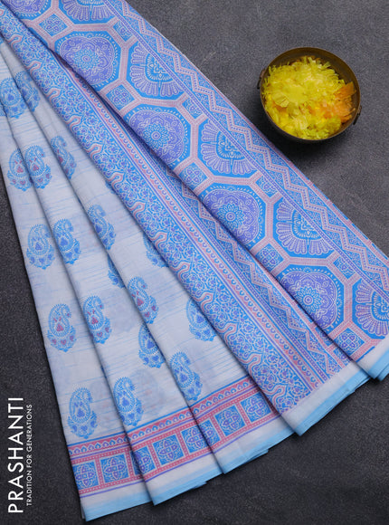 Mul cotton saree off white and light blue with allover paisley butta prints and printed border
