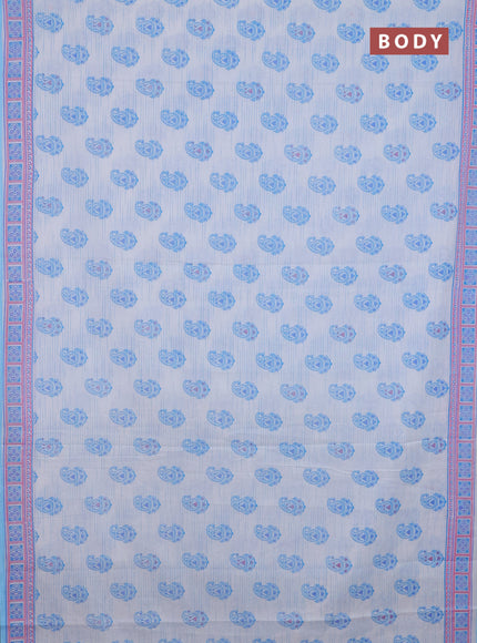 Mul cotton saree off white and light blue with allover paisley butta prints and printed border