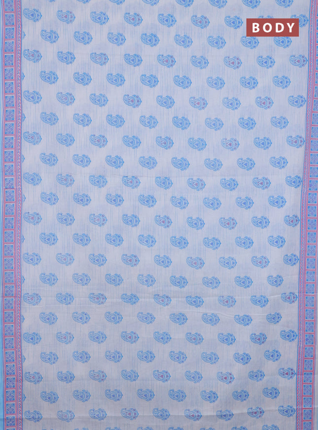 Mul cotton saree off white and light blue with allover paisley butta prints and printed border