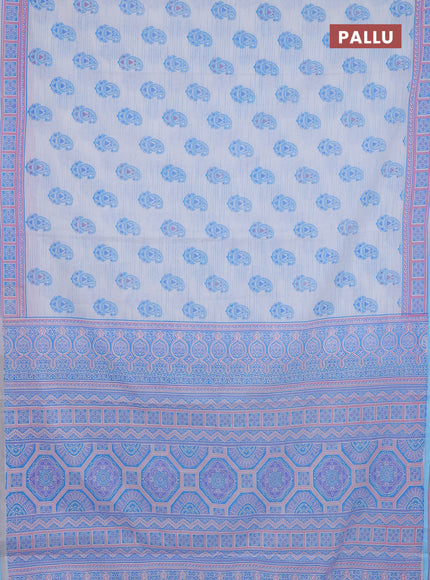 Mul cotton saree off white and light blue with allover paisley butta prints and printed border
