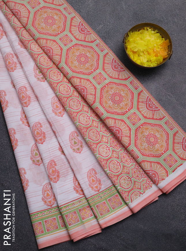 Mul cotton saree off white and peach shade with allover paisley butta prints and printed border