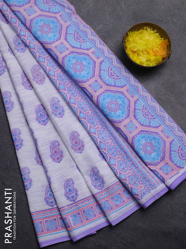 Mul cotton saree off white and lavender with allover paisley butta prints and printed border