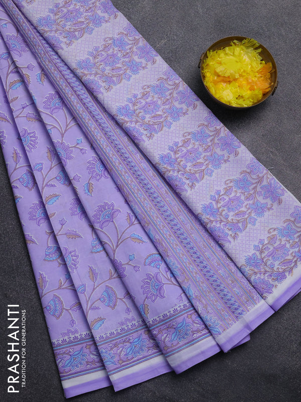 Mul cotton saree lavender with allover floral prints and printed border