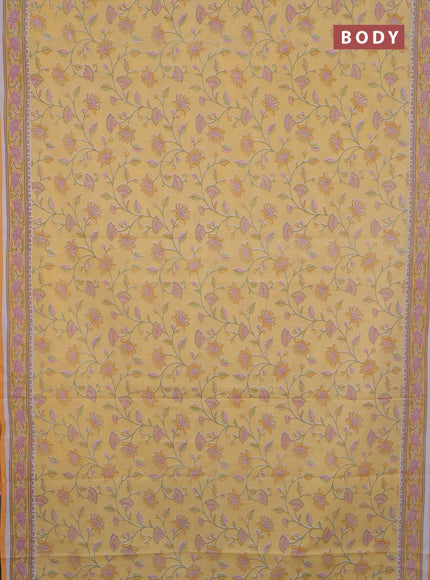 Mul cotton saree yellow with allover floral prints and printed border