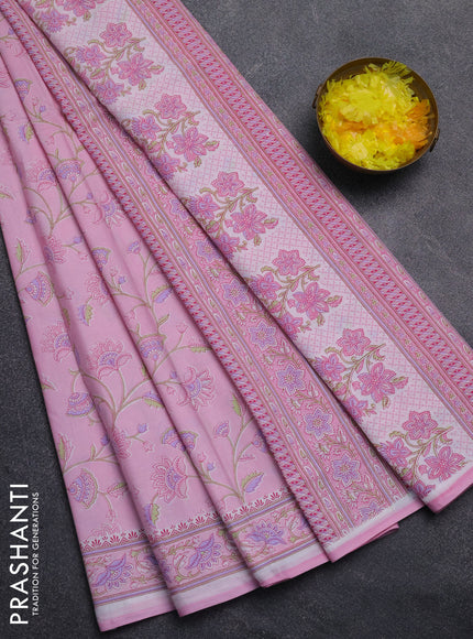 Mul cotton saree light pink with allover floral prints and printed border