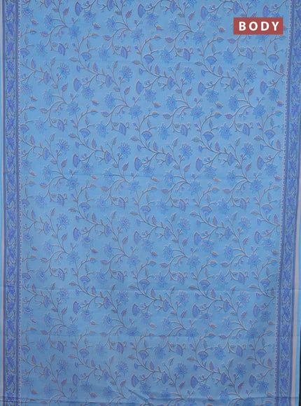 Mul cotton saree light blue with allover floral prints and printed border