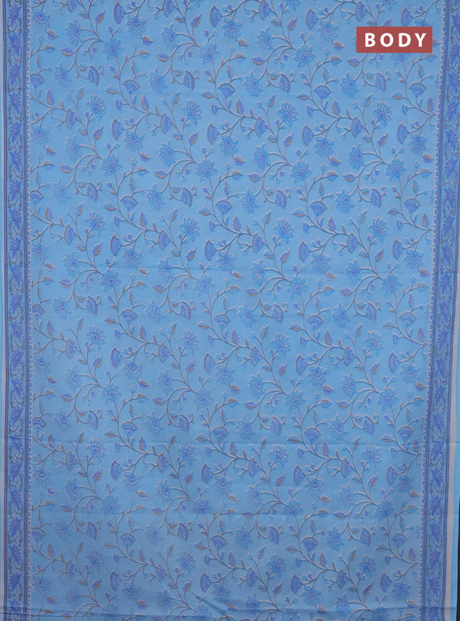 Mul cotton saree light blue with allover floral prints and printed border