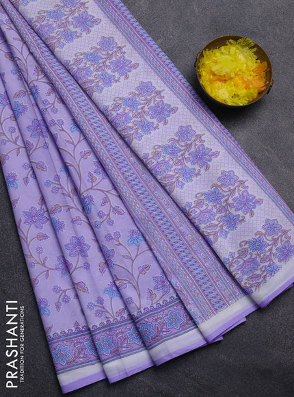 Mul cotton saree lavender with allover floral prints and printed border