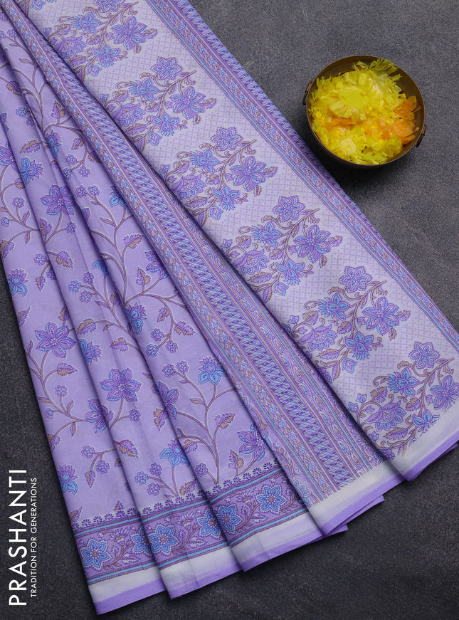 Mul cotton saree lavender with allover floral prints and printed border