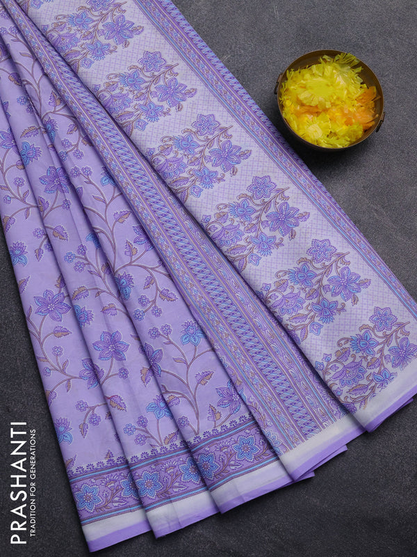 Mul cotton saree lavender with allover floral prints and printed border