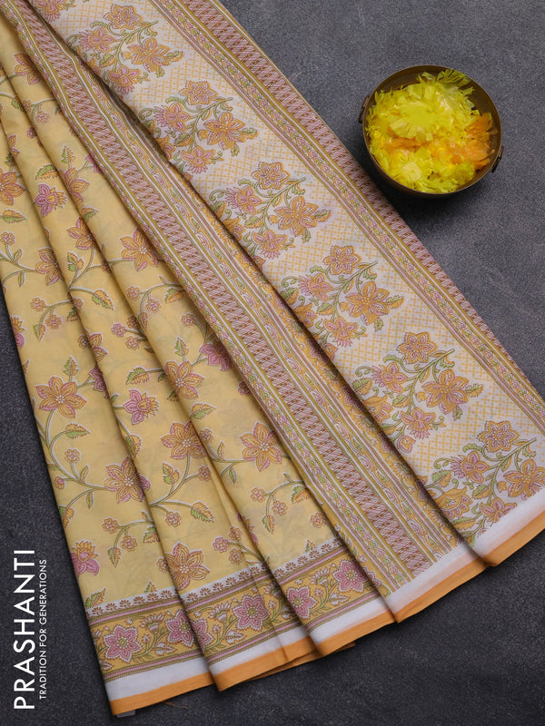 Mul cotton saree yellow orange with allover floral prints and printed border