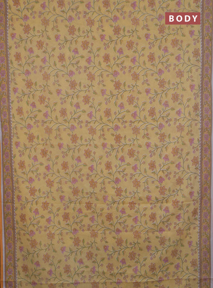 Mul cotton saree yellow orange with allover floral prints and printed border