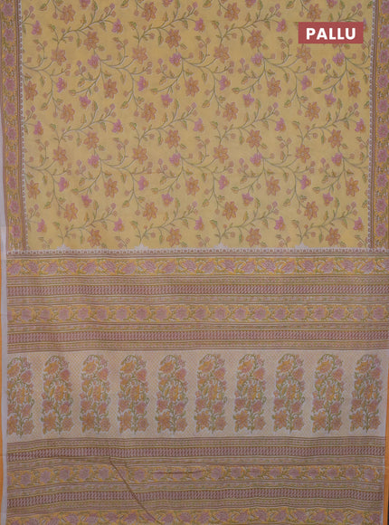 Mul cotton saree yellow orange with allover floral prints and printed border
